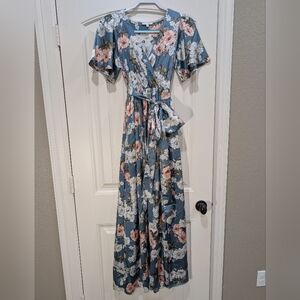 Baltic Born Sicily Satin Maxi Dress in Blue and White Floral